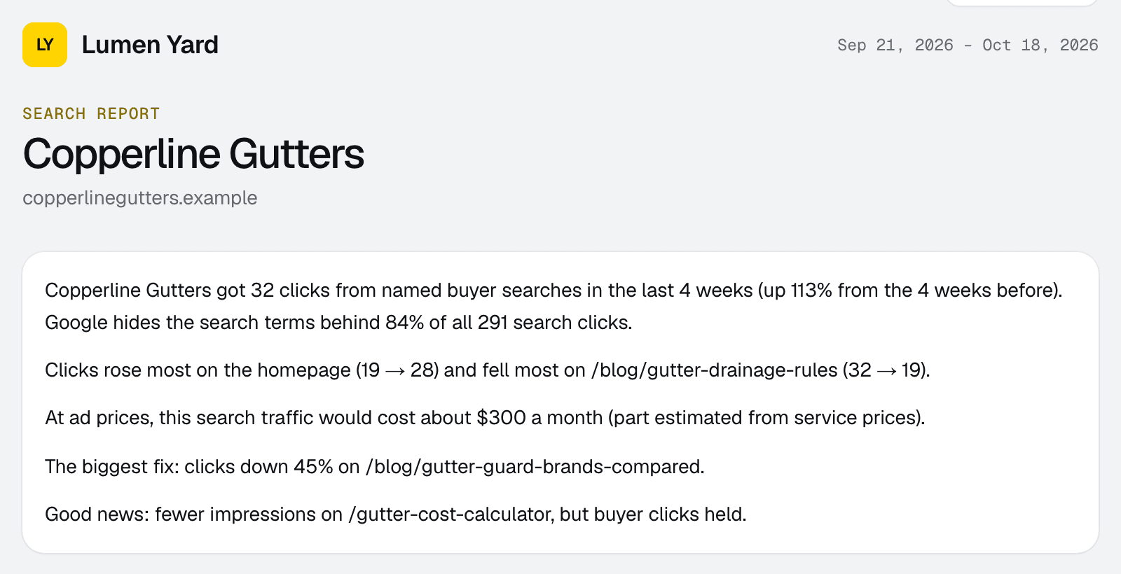 The top of a client report: the agency's logo, the client's name and a plain-English summary of the last four weeks.