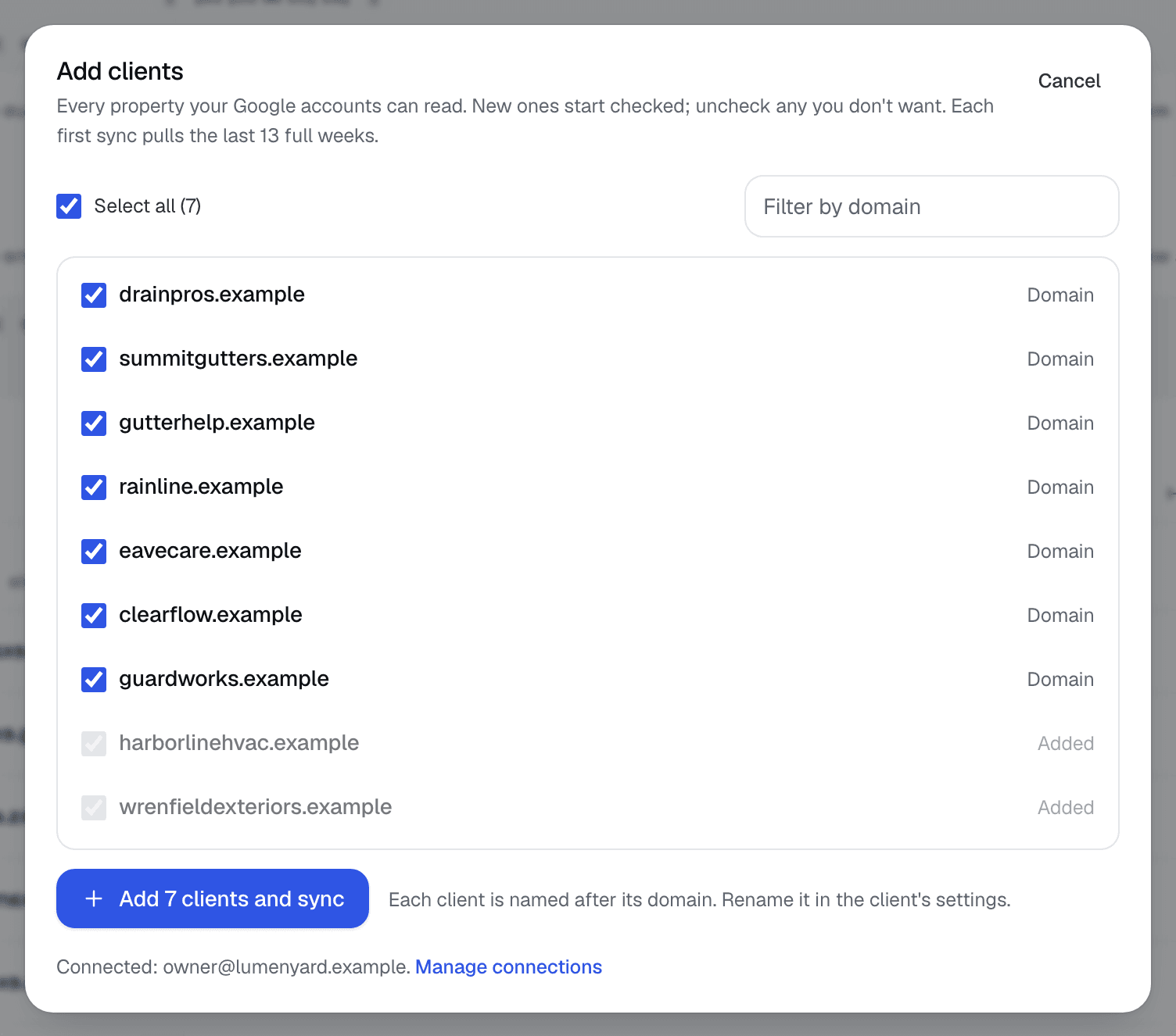 The Add clients list: every Search Console property the connected Google accounts can read, new ones checked and added ones greyed out.