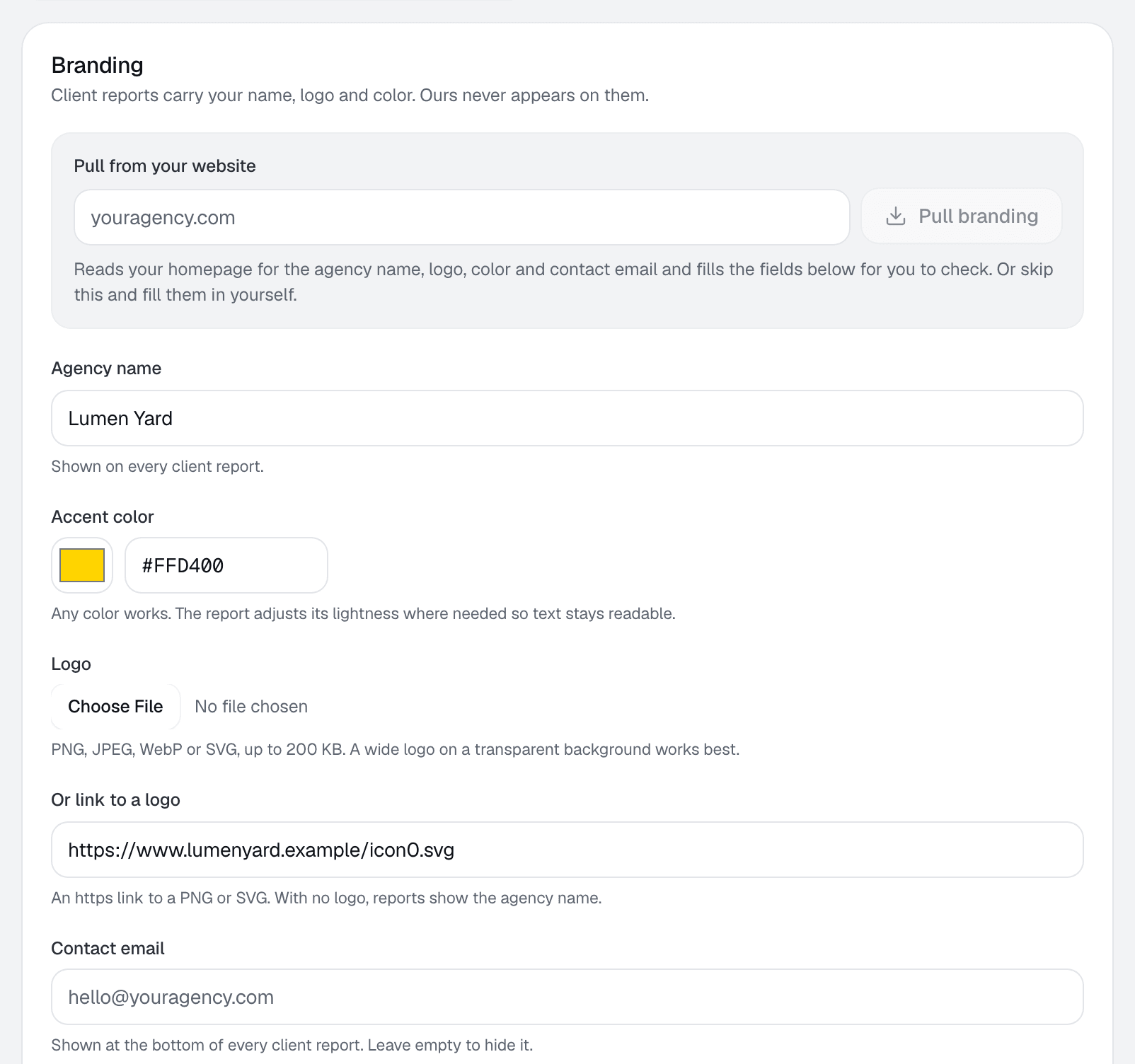 Settings, Branding: agency name, accent color and logo, with a preview of the report masthead and its contrast checks.