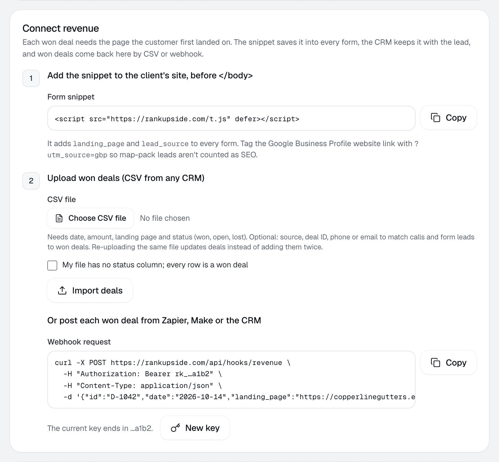 Client settings, Connect revenue, step 1: add the snippet to the client's site, with a Copy button and the utm_source=gbp tip.