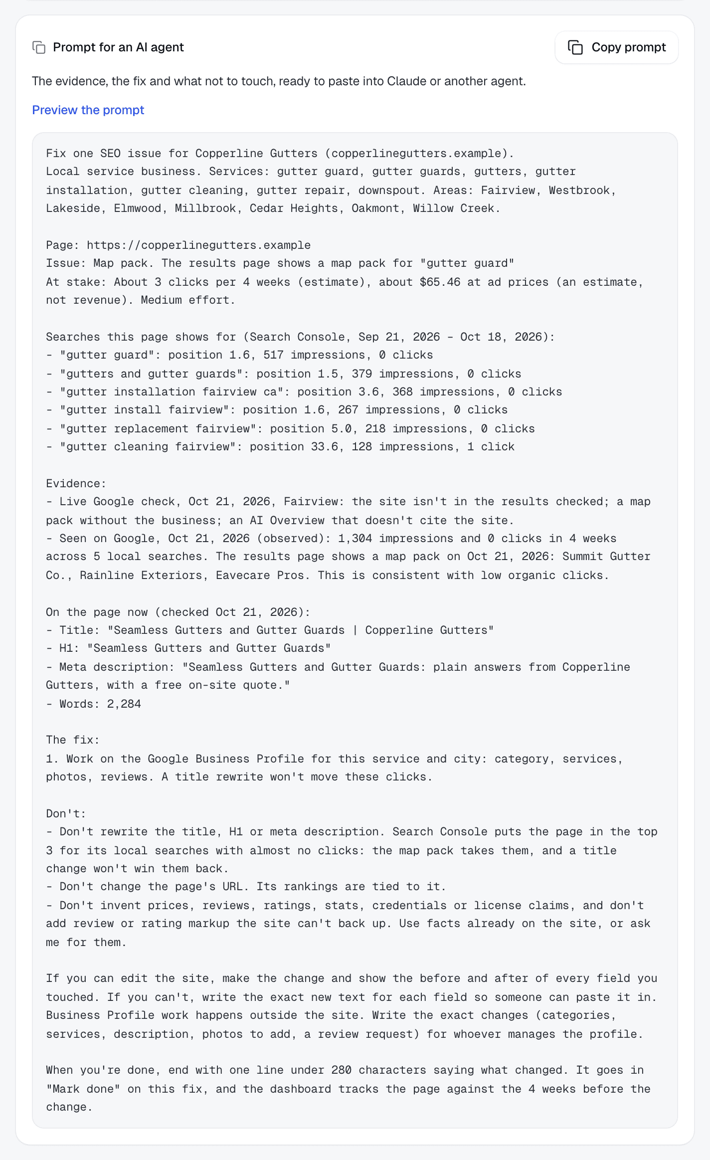 The copy prompt for one fix: the client, page, issue, searches, evidence, fix and what not to change.